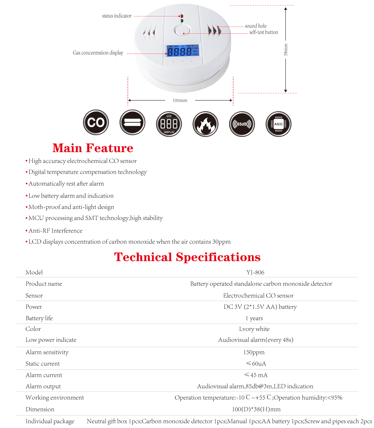 Carbon Monoxide Detector YJ-806